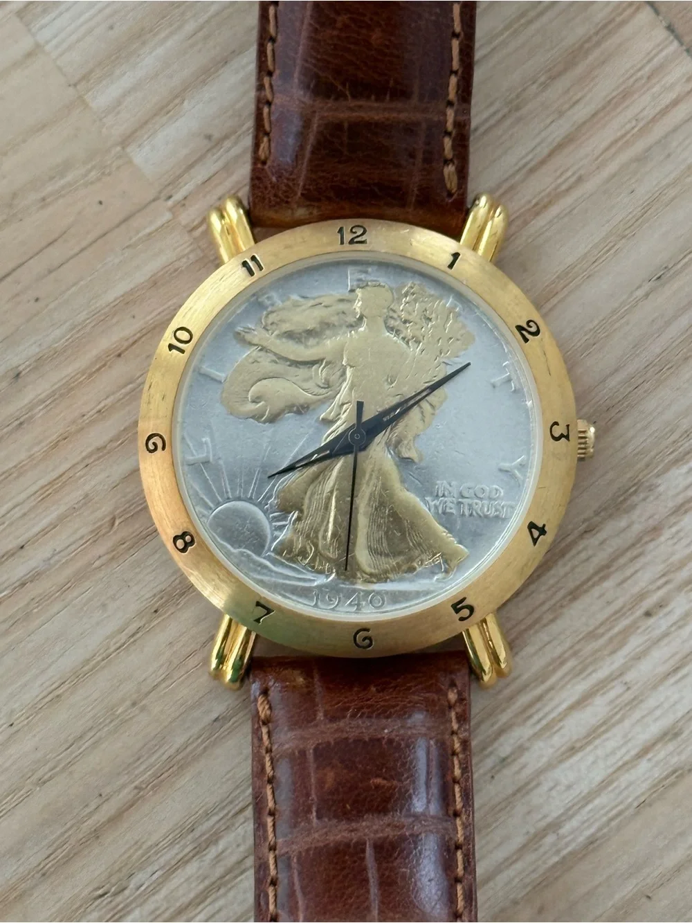 Brittania 1940 Walking Liberty Coin Watch Two-Tone Dial Gold Case Leather Strap